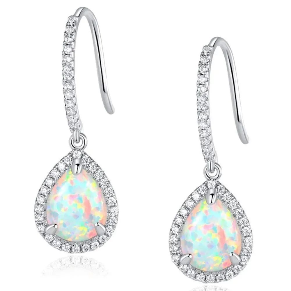 18K White Gold with Genuine White Fire Opal and Diamond CZ Drop Hook Earrings